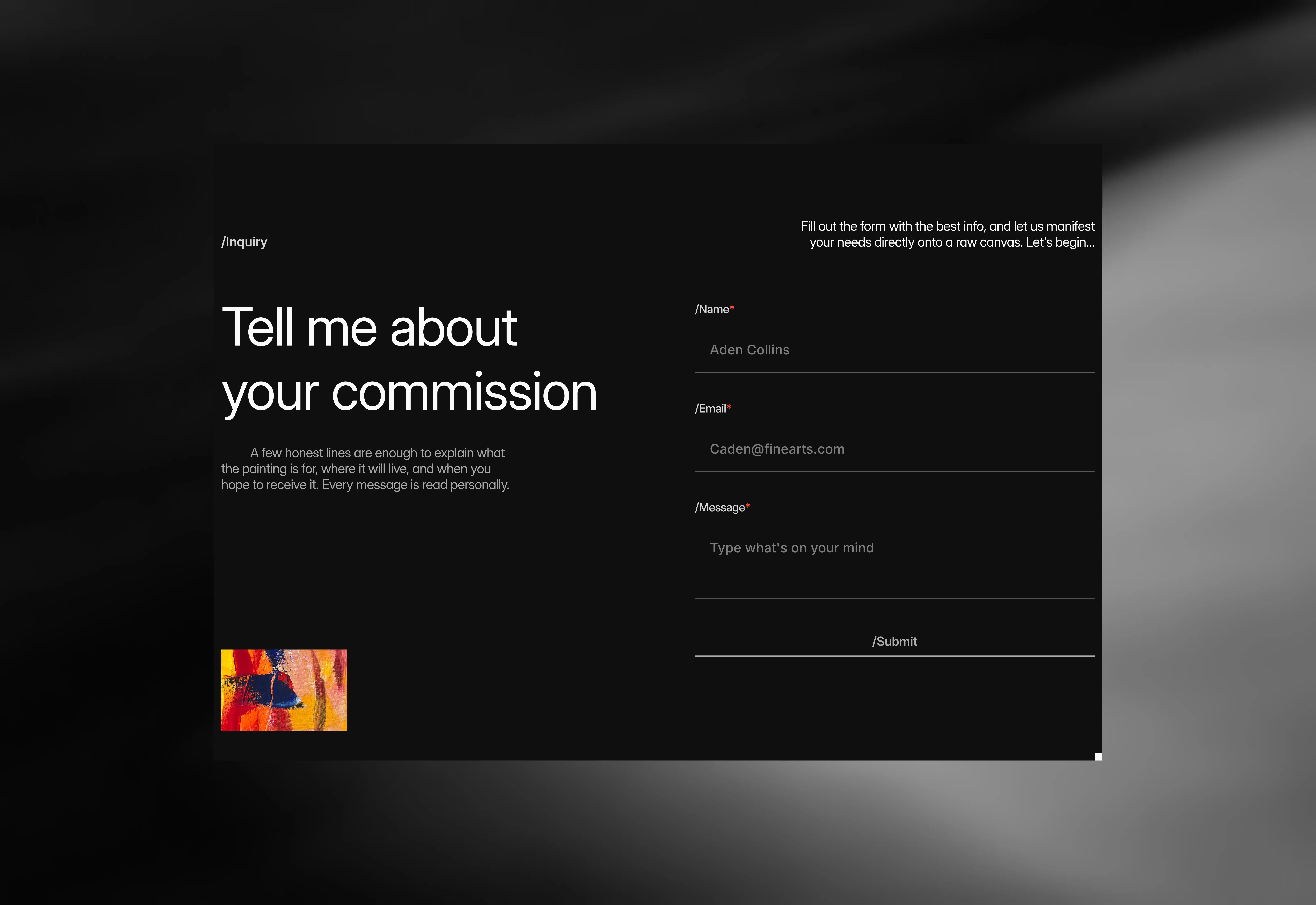 Dark UI of a minimal contact us page section, optimized for desktop screens.