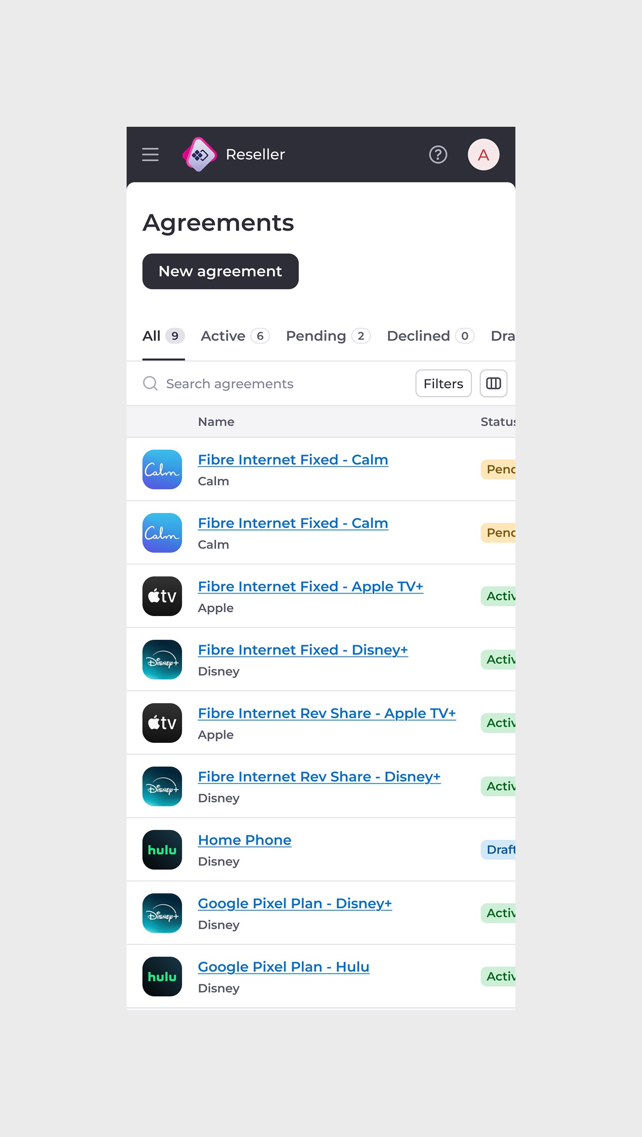 Reseller view - Agreements (mobile).