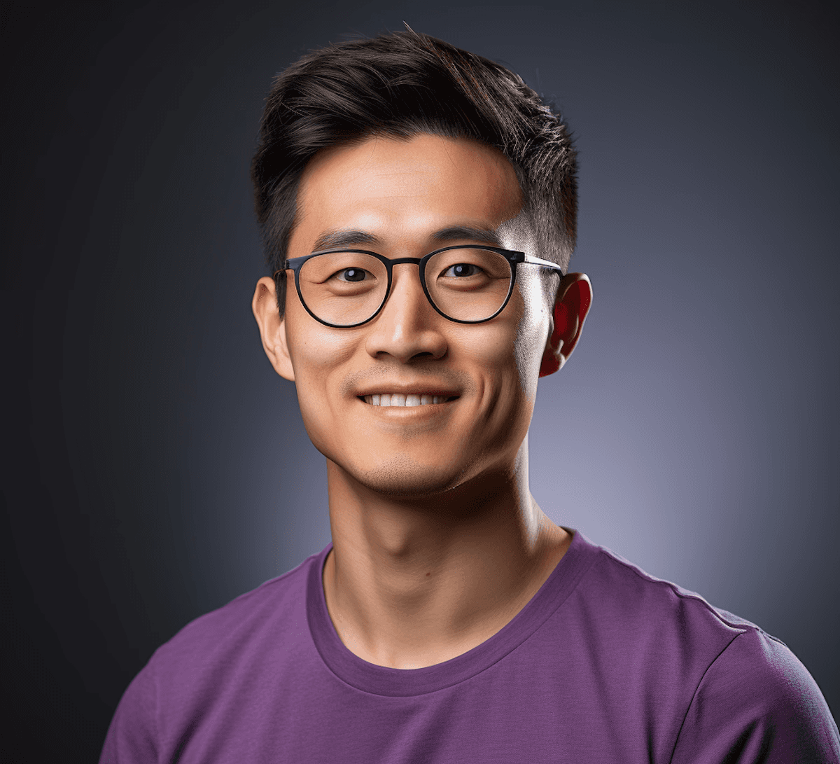 Smiling man with glasses and a purple shirt against a dark gradient background. His expression is friendly and approachable.