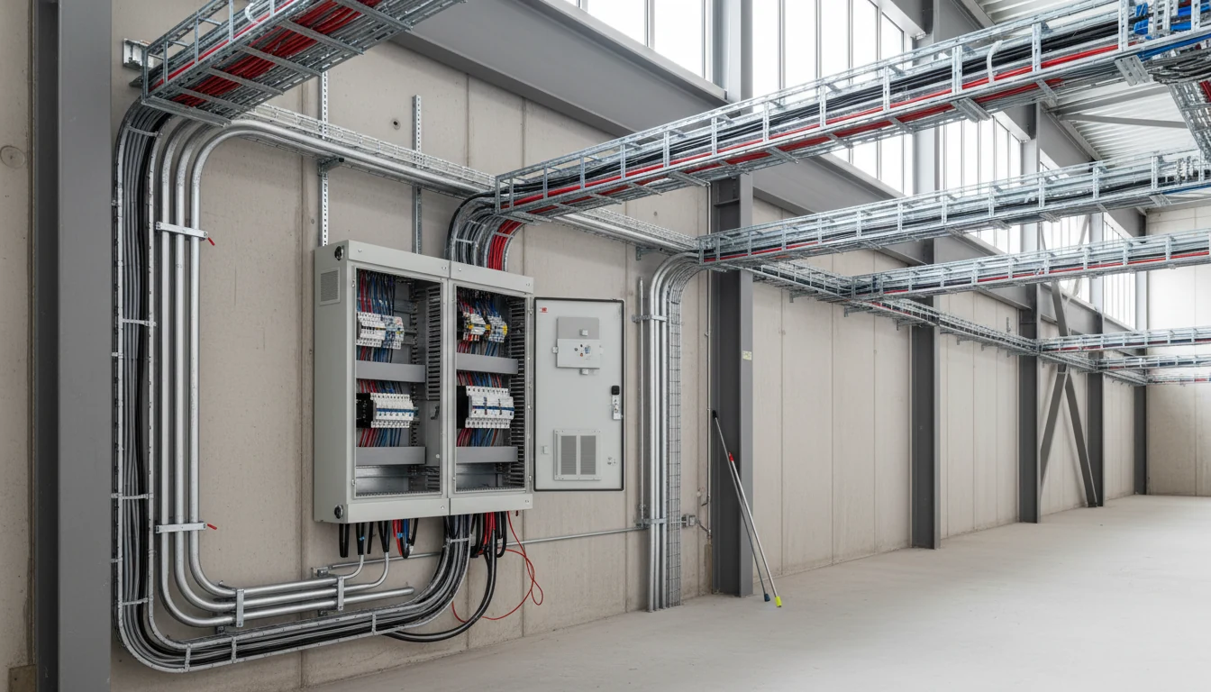 Professionelle Elektroinstallation mit Kabeltrassen und Verteilung in einem Gewerbeobjekt