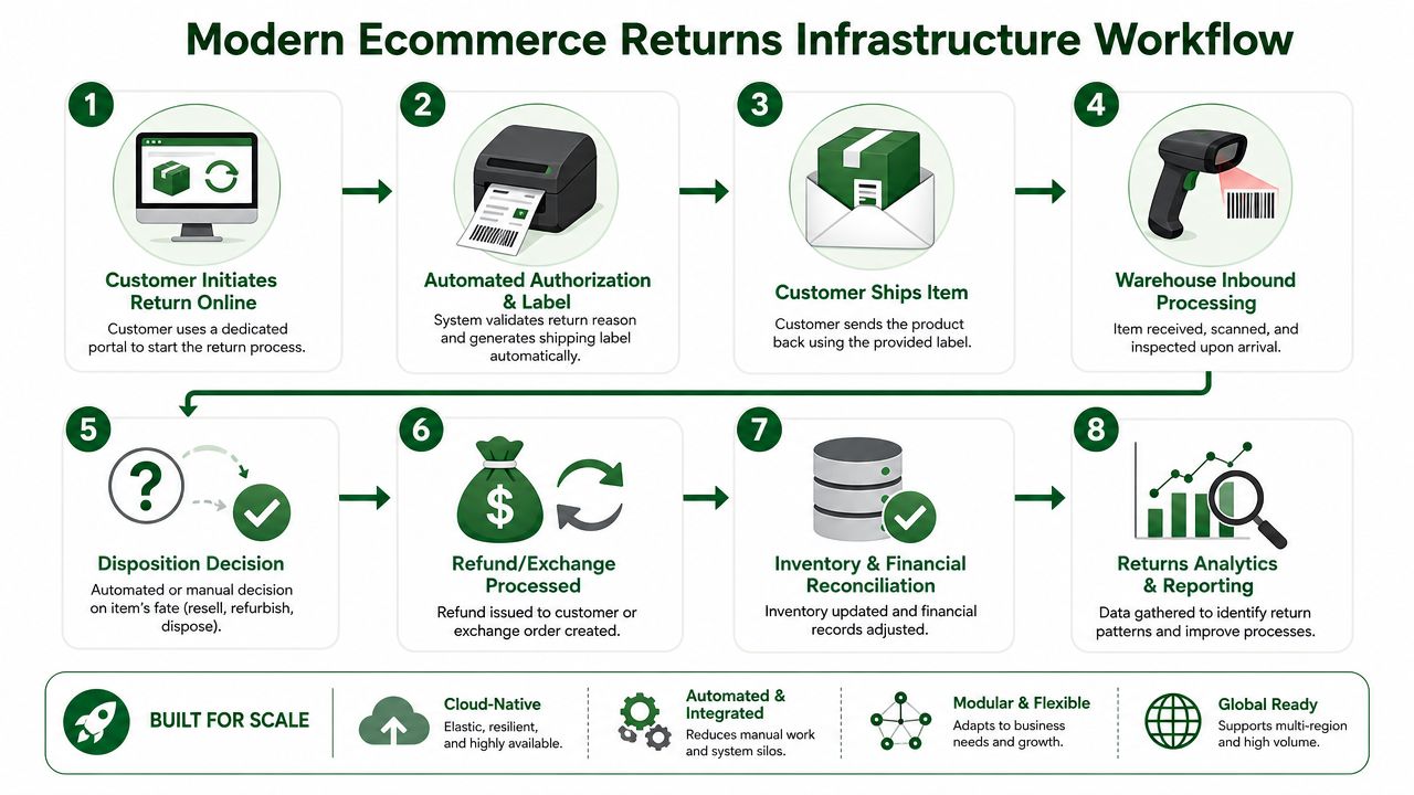 An infographic showing the step-by-step eight-stage process of a modern ecommerce returns infrastructure workflow.