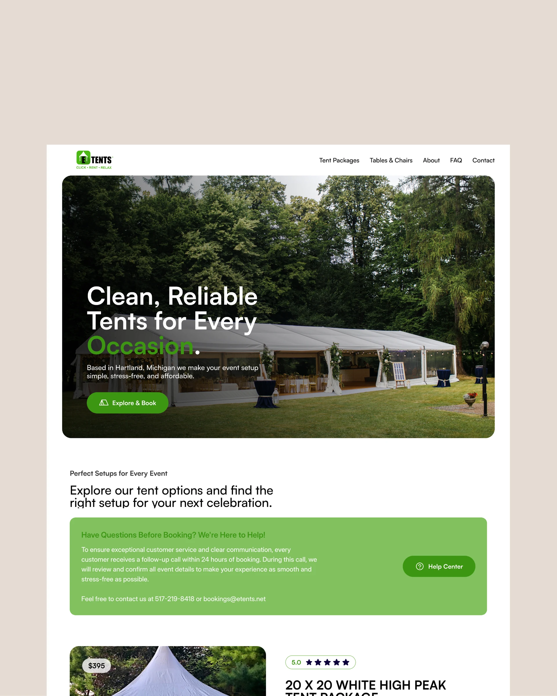 E TENTS desktop homepage design