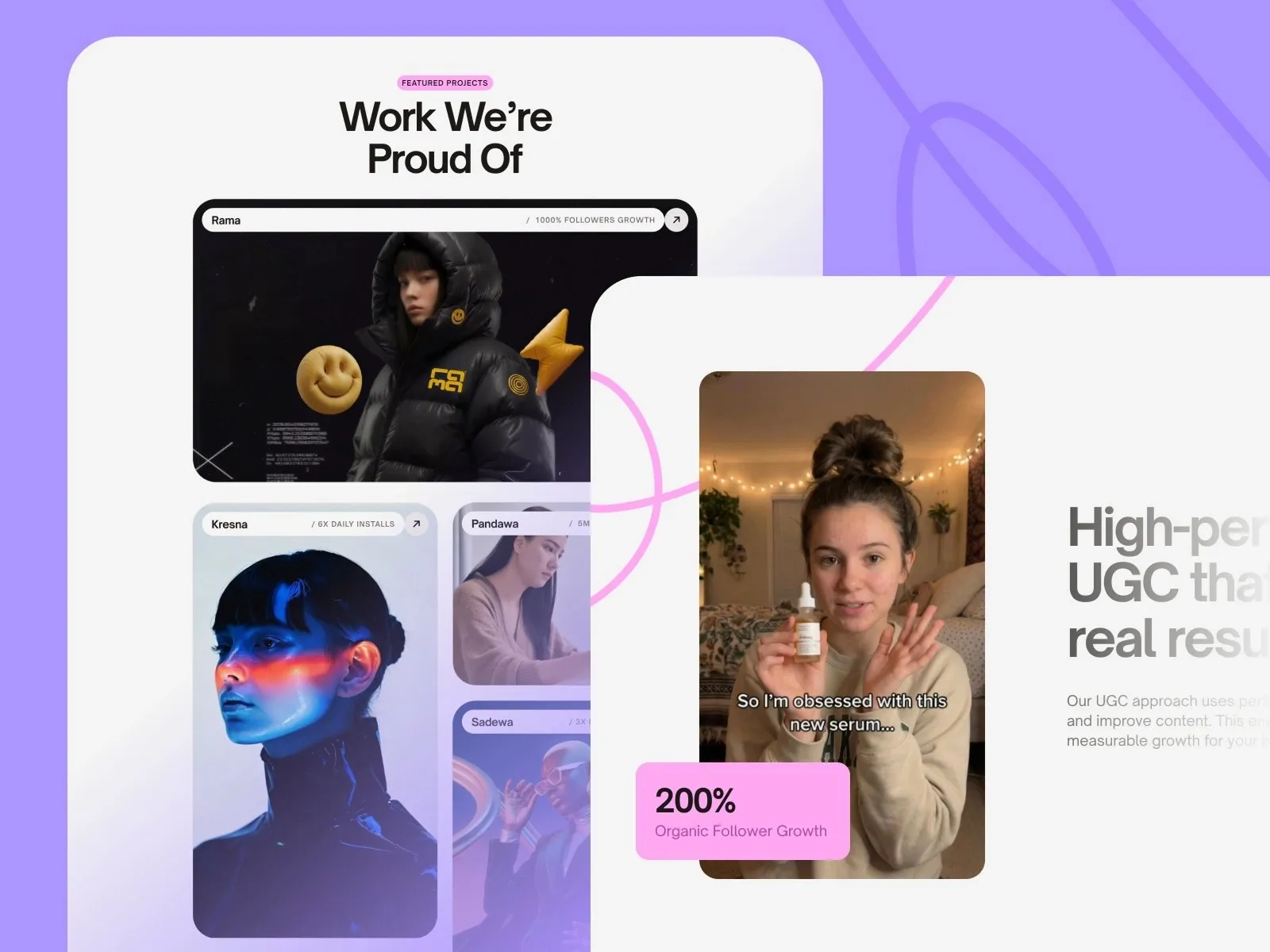 Collage of creative digital projects and a skincare influencer video.