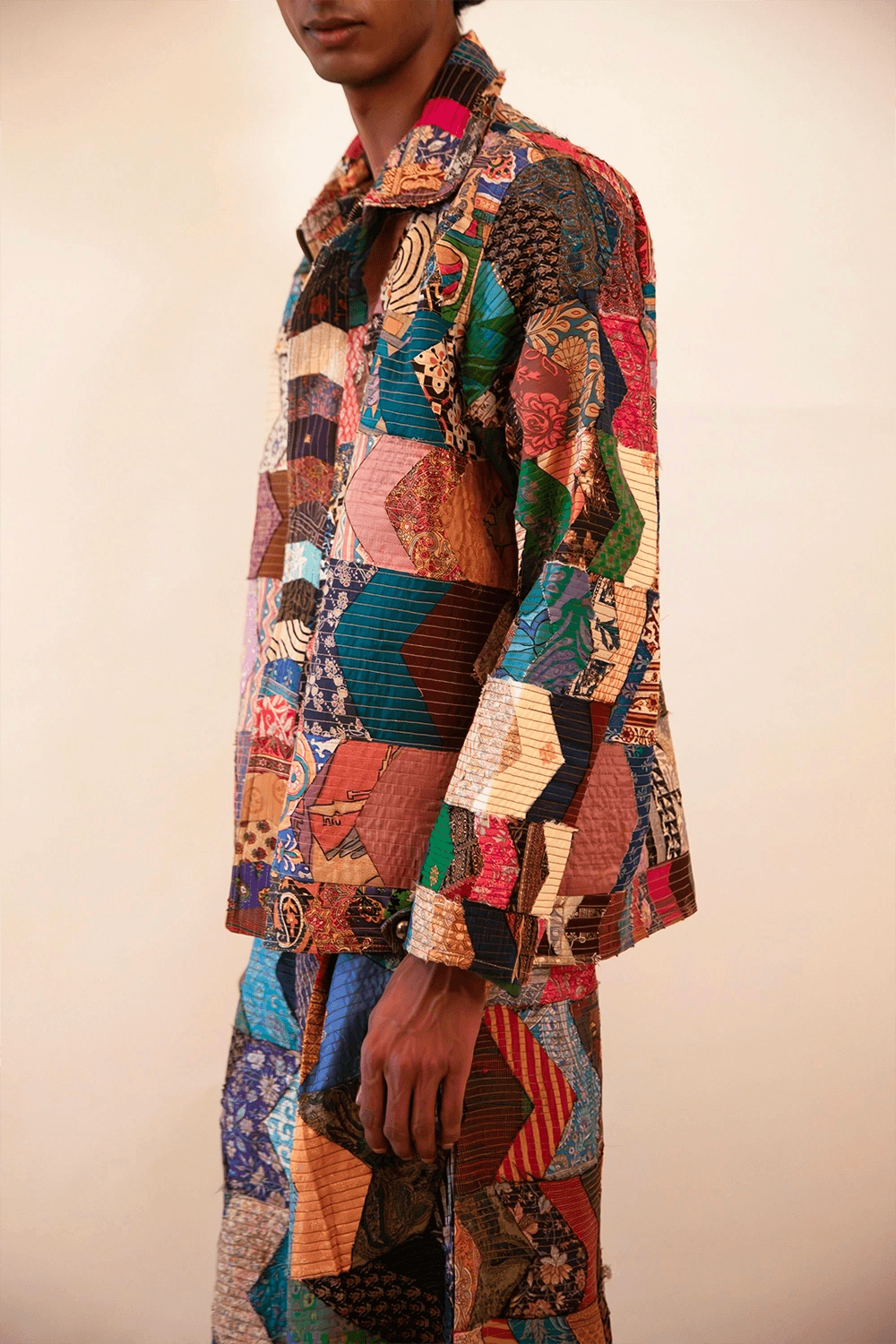 JIVI is our one-of-a-kind bomber jacket and wide-leg trouser set, handcrafted in-house using chindis we’ve collected over the past three years.