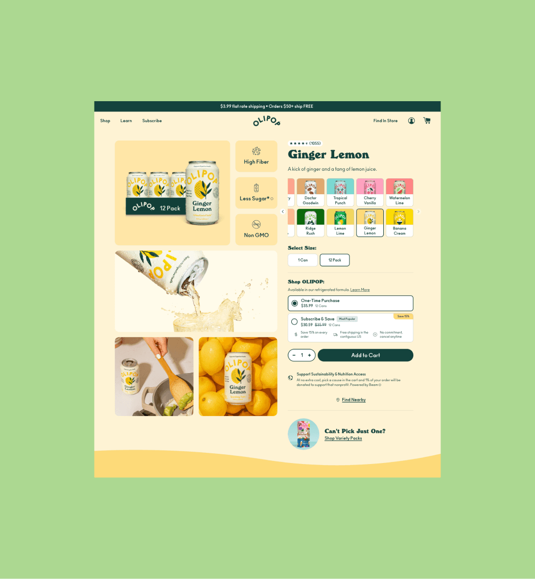 OLIPOP product detail page optimized for subscription and volume incentives