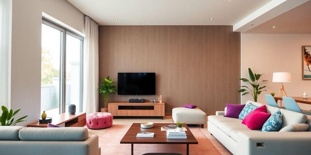 Modern living room with smart devices and stylish decor.