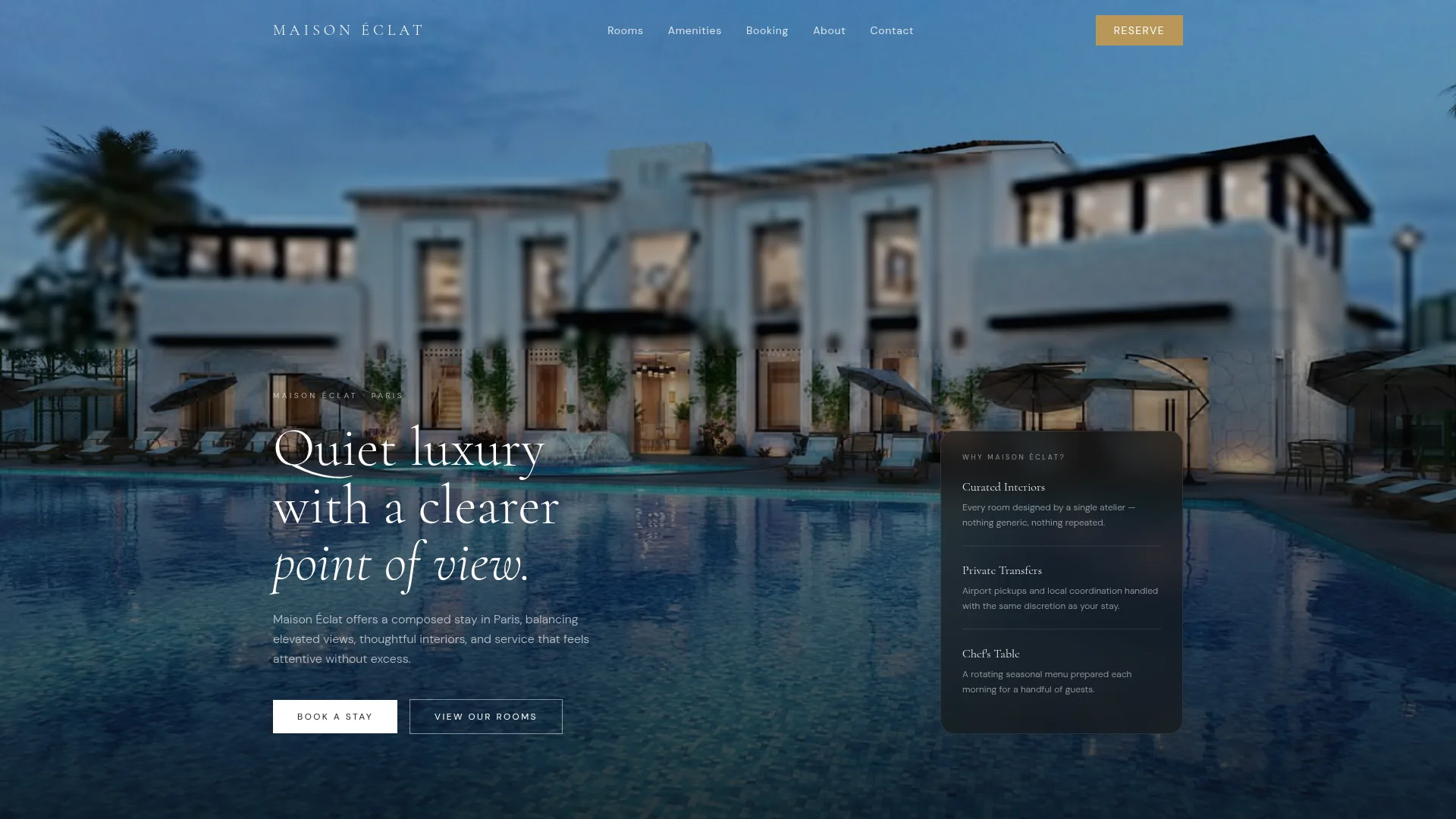 Maison Éclat boutique hotel homepage built on the CatDoes free plan with 20 credits