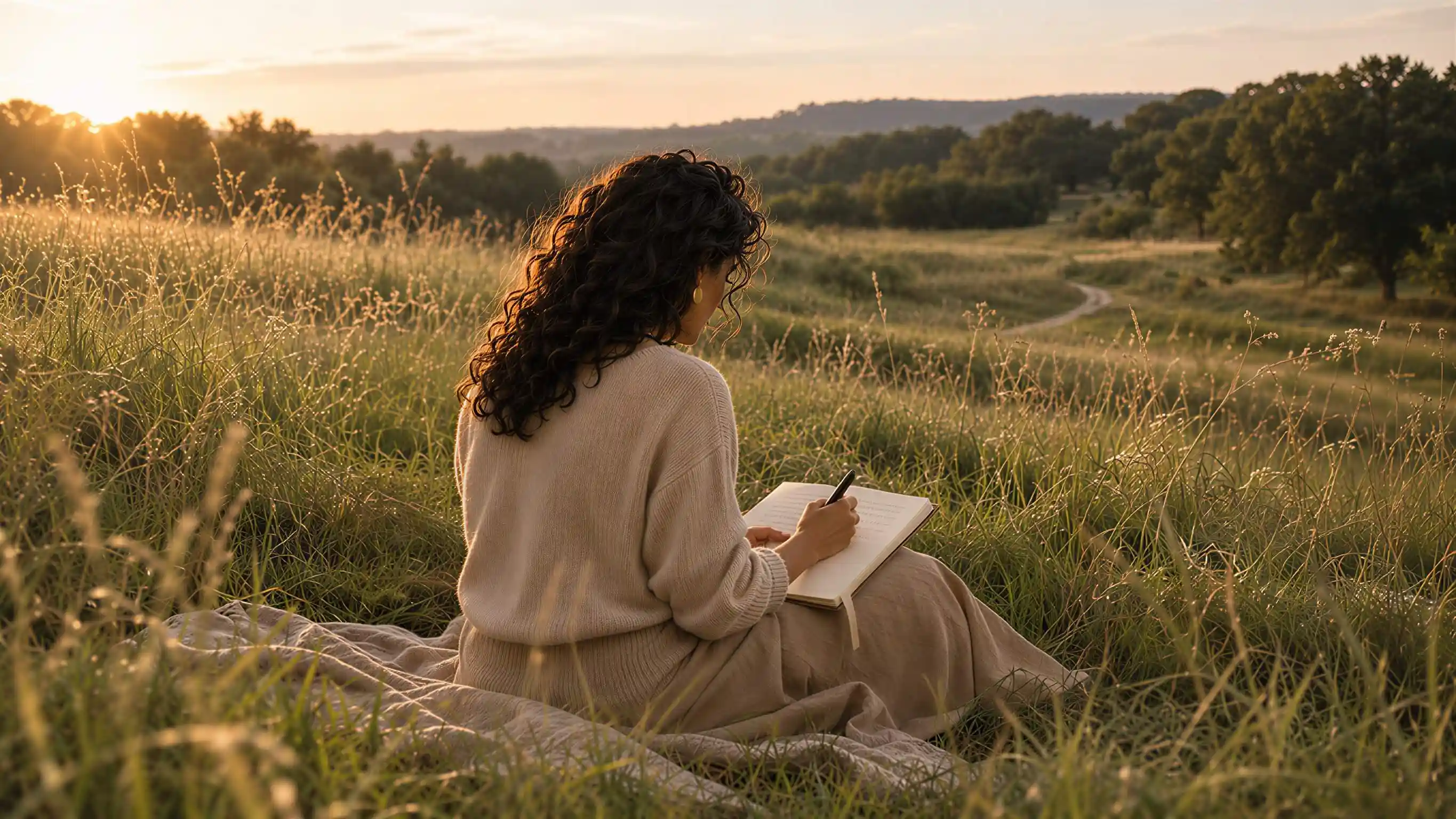 A woman journaling on a blanket in a golden meadow at sunset