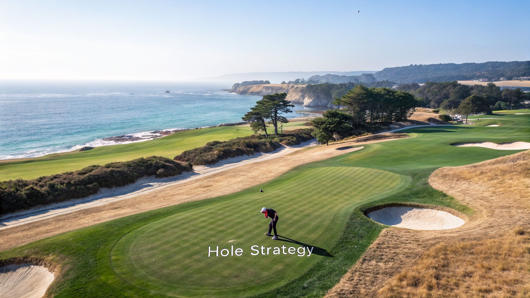 A golfer on a scenic coastal golf course with blue ocean and cliffs in the background.
