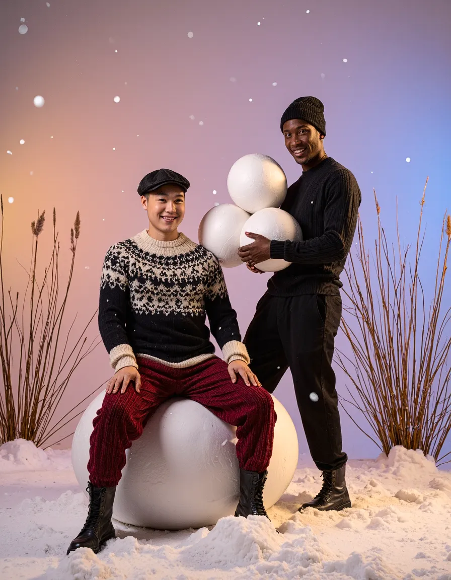 Two people in winter sweaters posing with white balloons in festive snowy studio setting with purple gradient backdrop