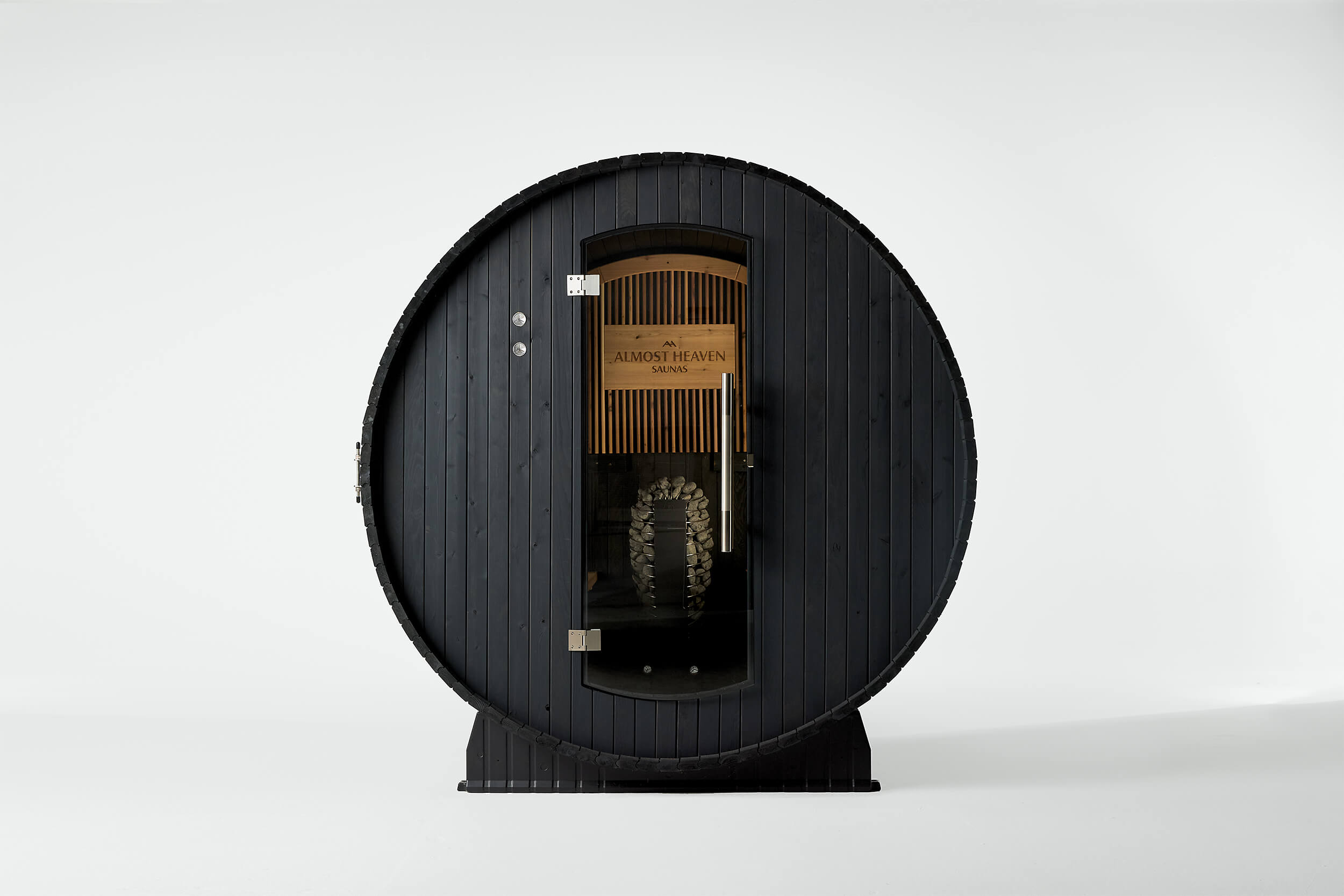Almost Heaven Lewisburg Onyx barrel sauna interior, coming soon to The Wesley Hotel