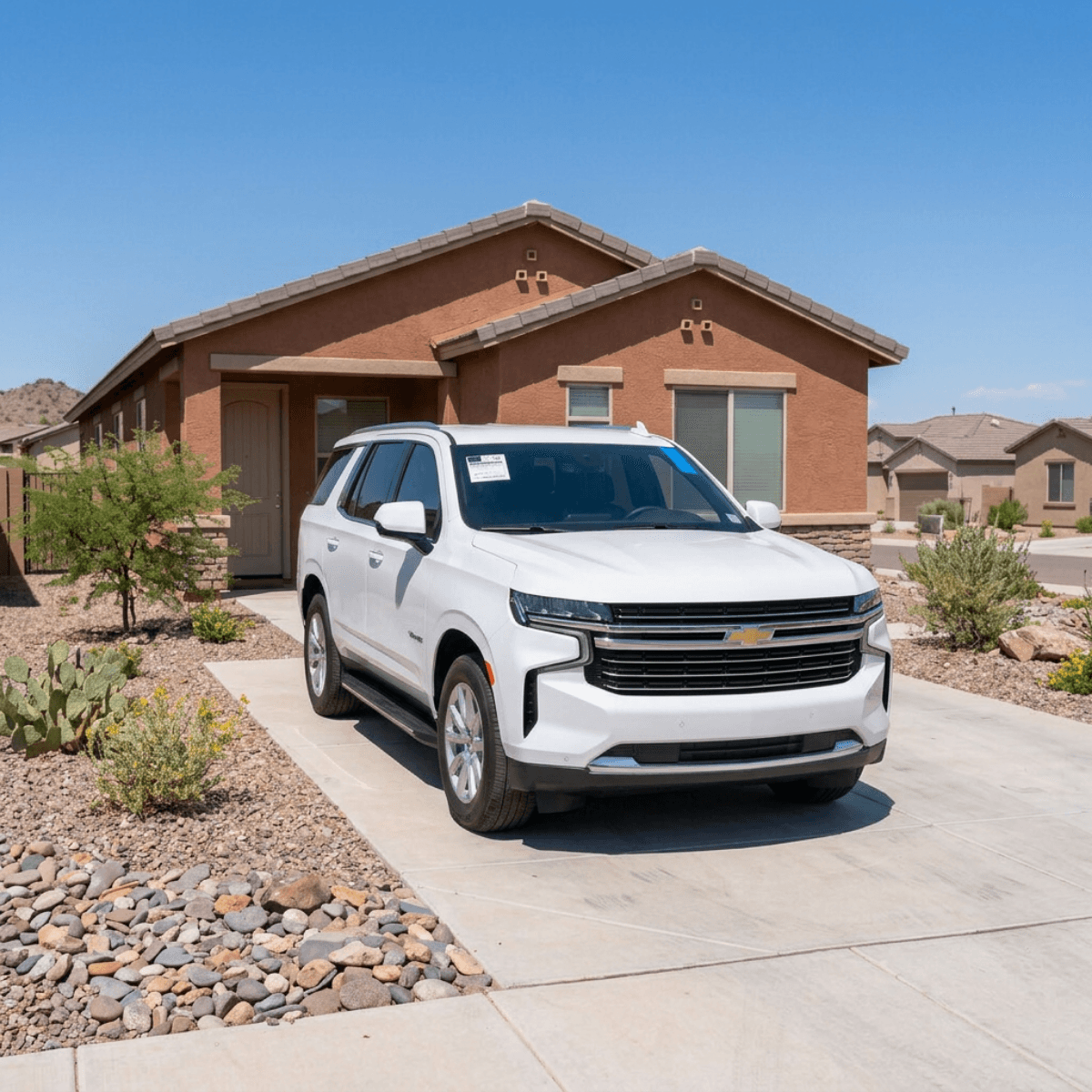 White Chevrolet Silverado pickup with a clean new windshield parked in a Fountain Hills, Arizona driveway