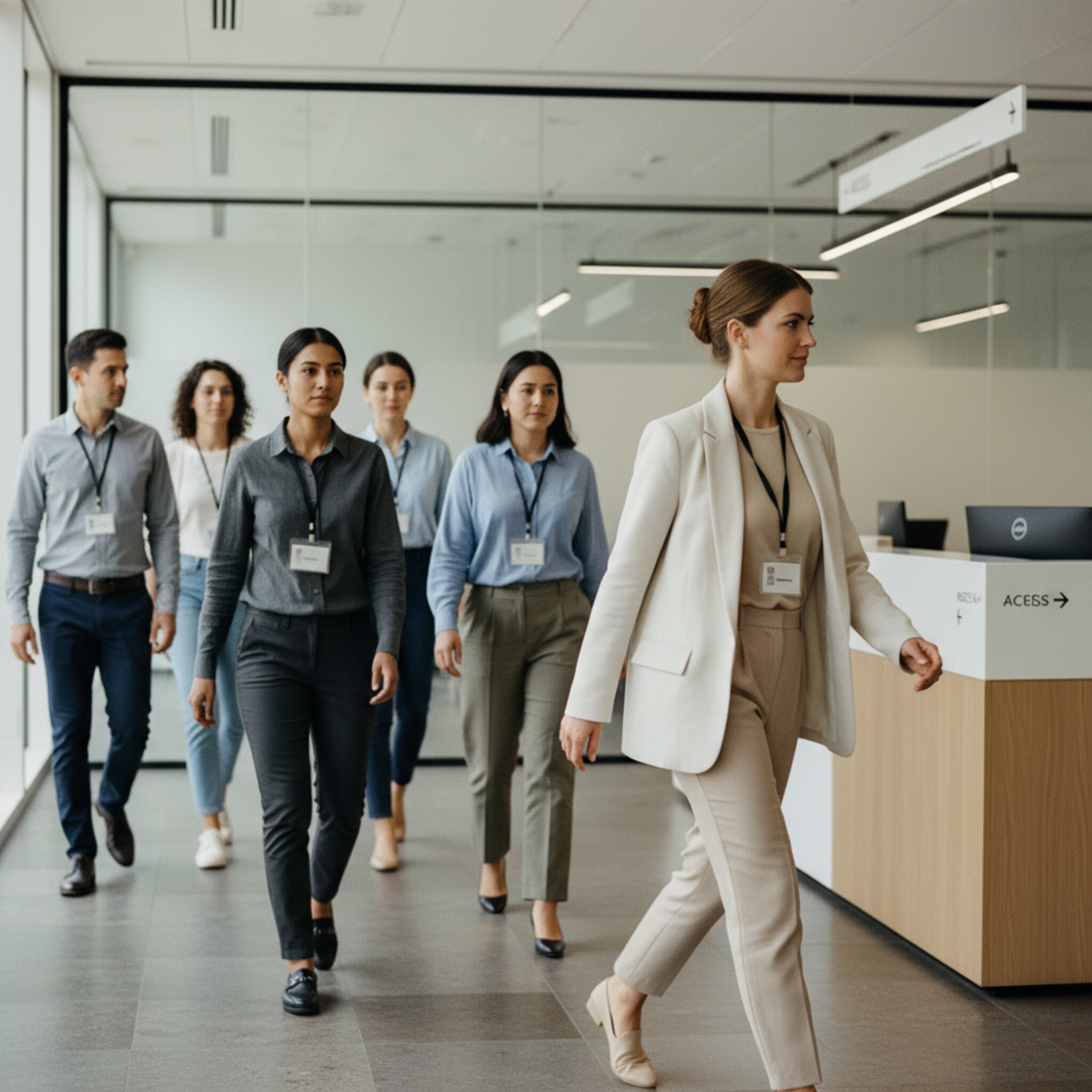 Ein Empfangsbereich eines modernen Büros, in dem Mitarbeitende mit Badges geordnet passieren. Die Bewegung ist entspannt, Abläufe wirken eingespielt. In der Ferne strukturieren Glaswände die Flächen. Man spürt, dass Identitäten und Zugänge sauber geregelt sind, ohne sichtbare Technik.