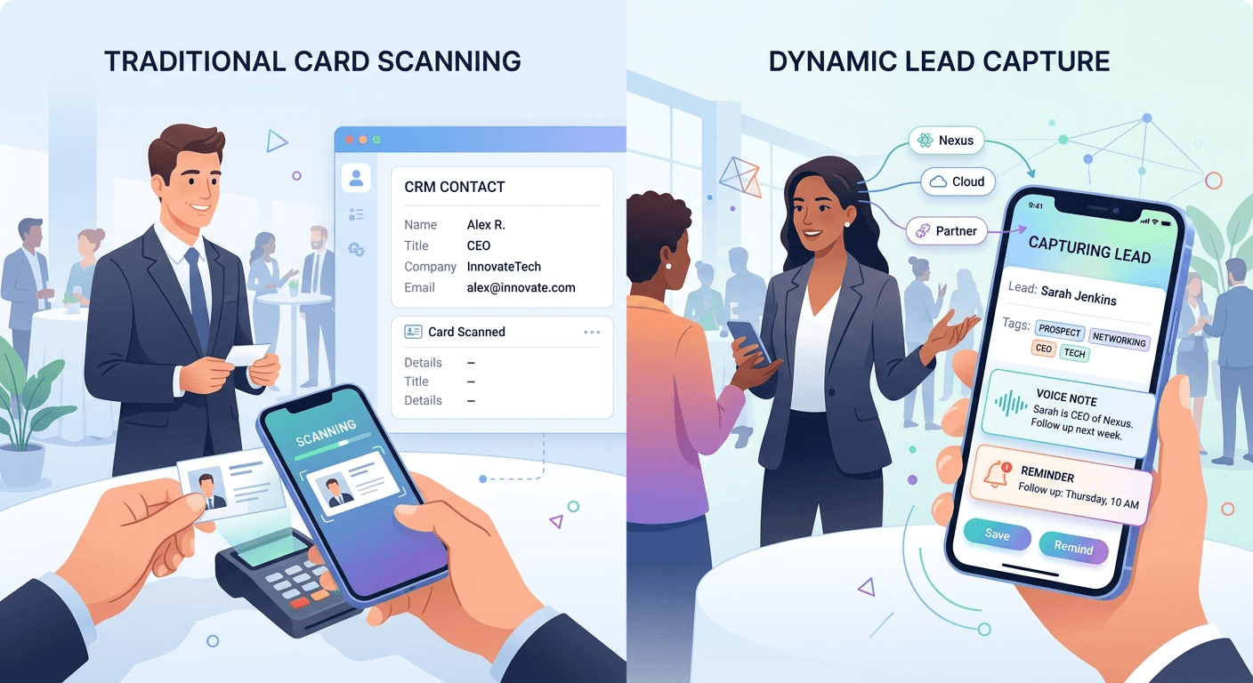 SnapAddy vs Habsy comparison showing basic card scanning vs intelligent lead capture workflow