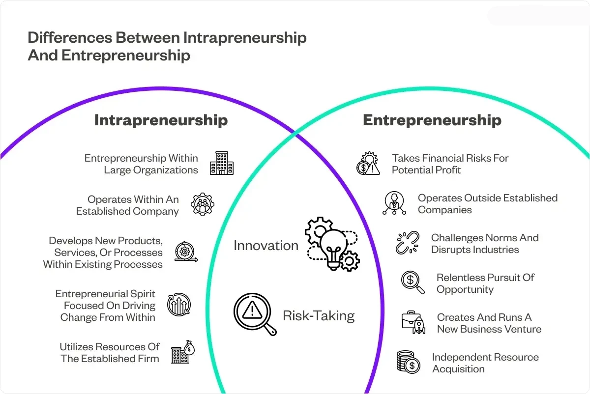 Chart showing the differences between intrapreneurship and entrepreneurship.