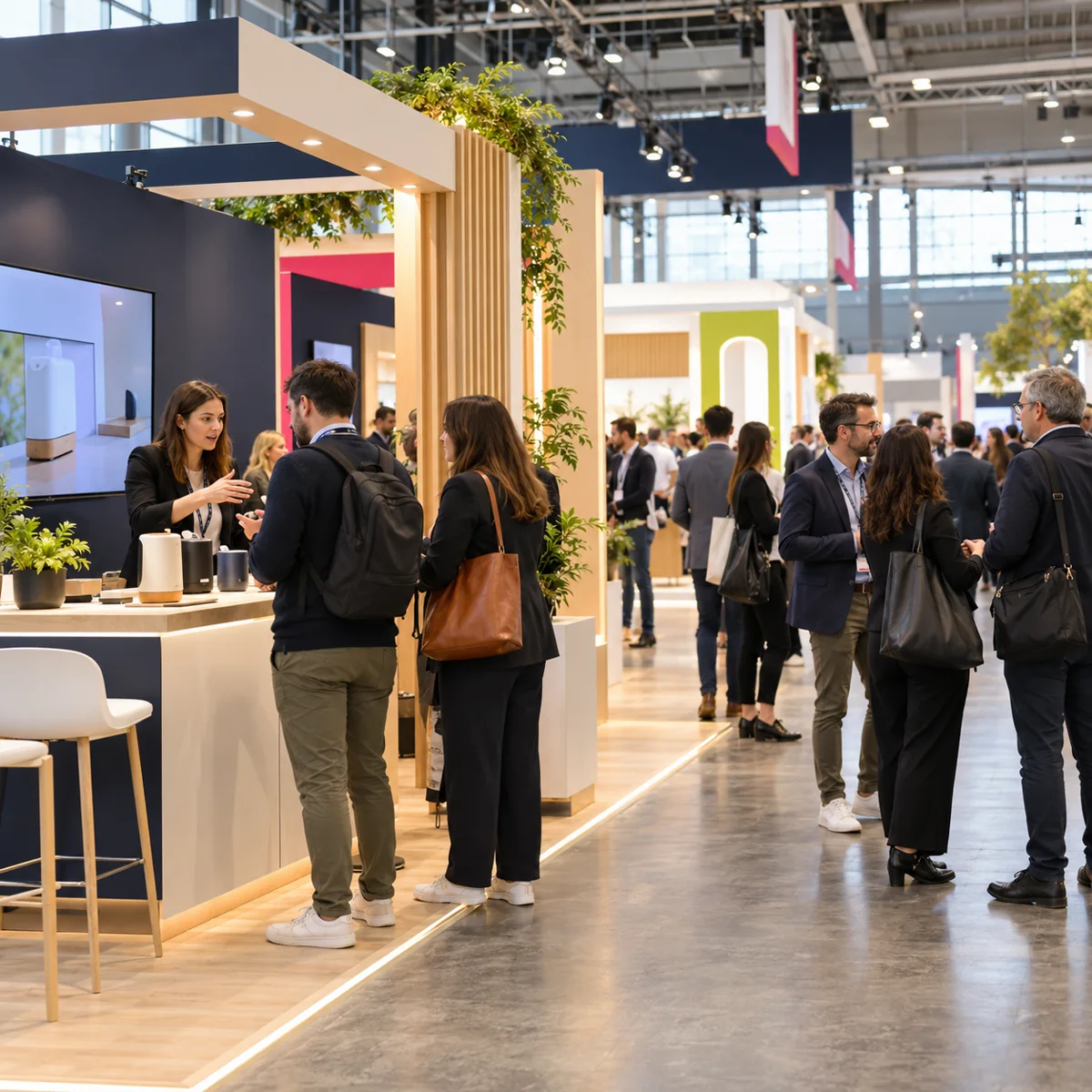 Visiteurs et exposants échangent dans les allées d’un salon professionnel.