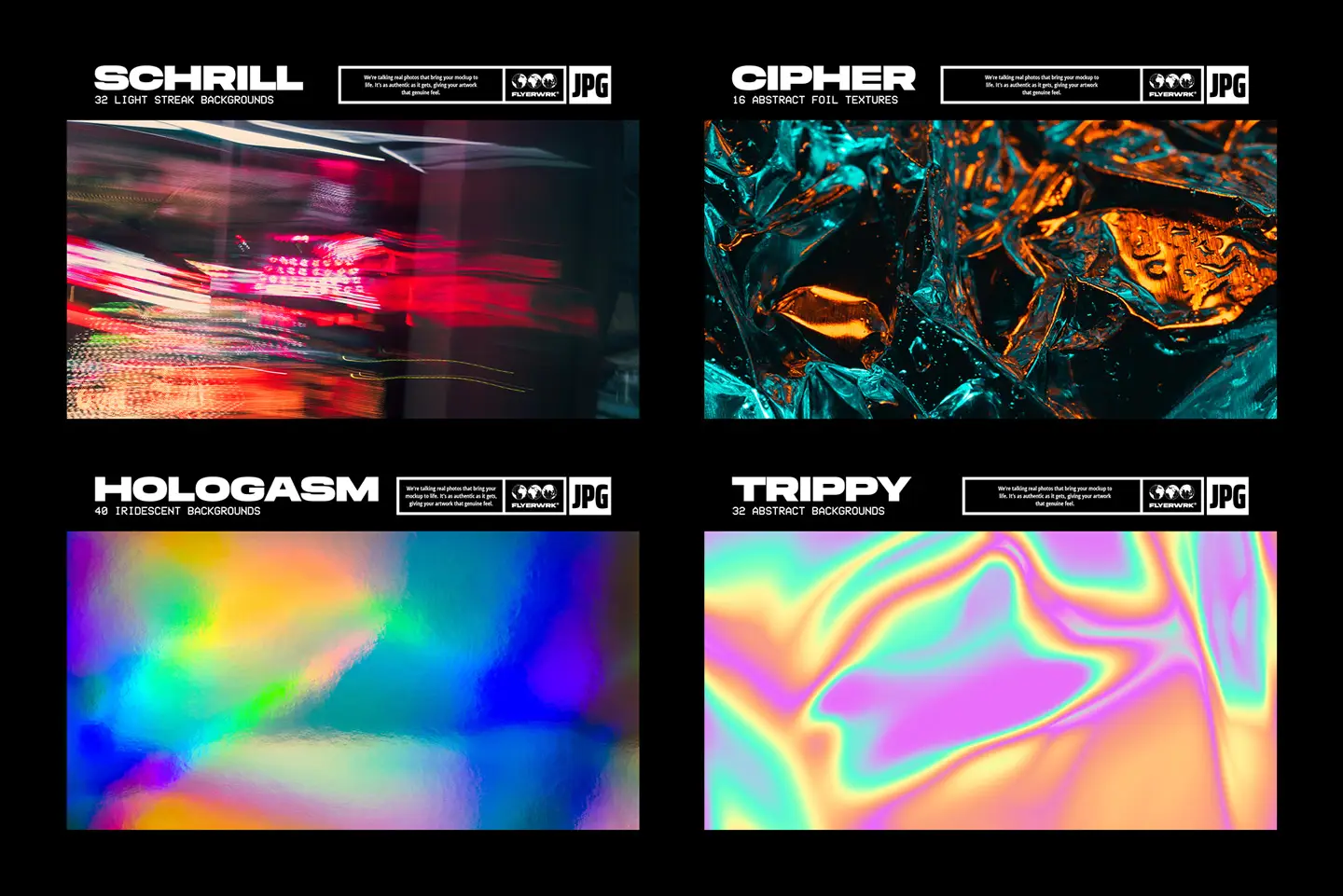 Holographic and trippy abstract backgrounds with colorful gradients and distortion effects