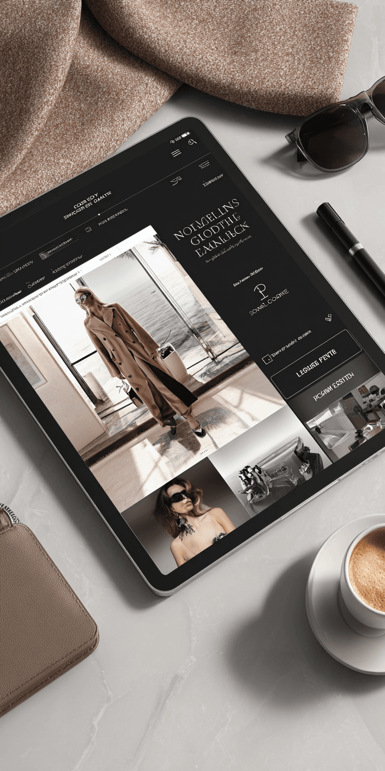 A tablet screen displaying the social media page of a dark luxury brand.