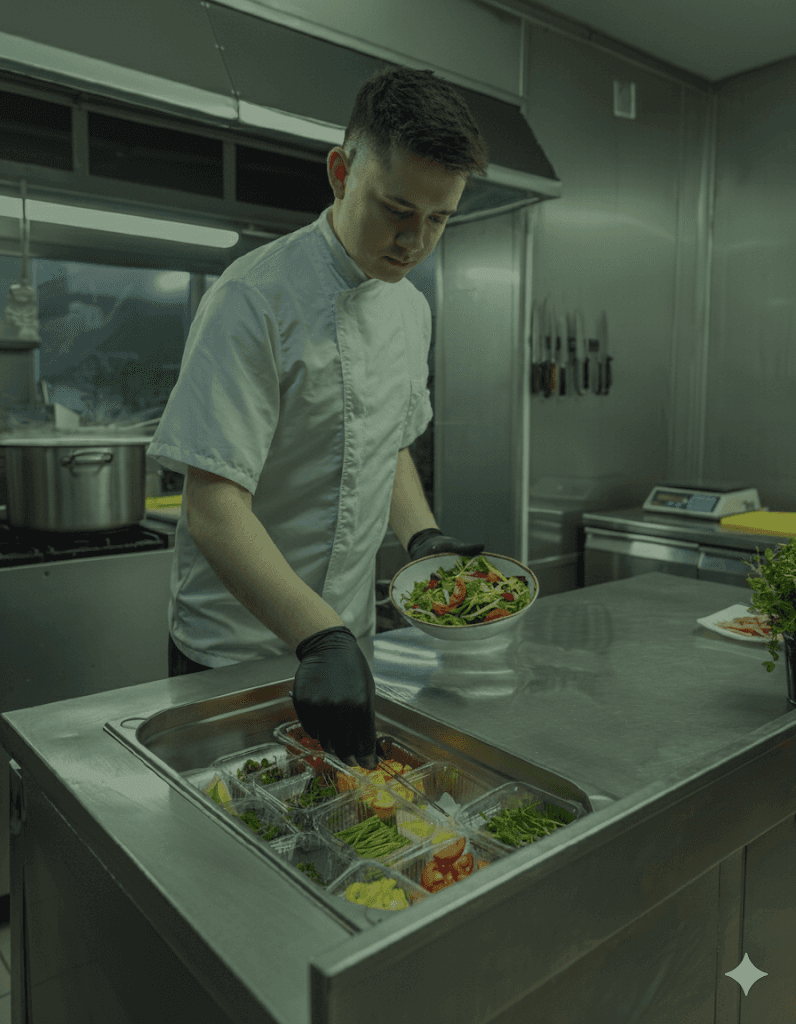 A chef works in a restaurant kitchen.