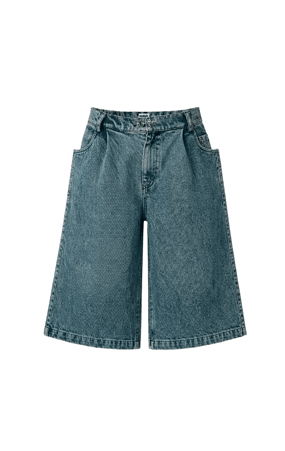 Blue denim wide-leg jeans on a white background