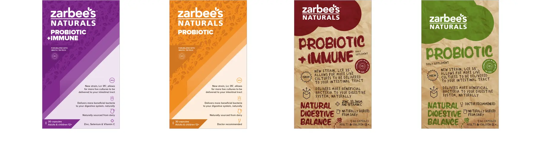 Four refined packaging concepts for Zarbee's Naturals Probiotic and Probiotic+Immune — two clean modern designs with purple and orange color coding, and two rustic kraft paper approaches with hand-drawn typography and natural ingredient illustrations.