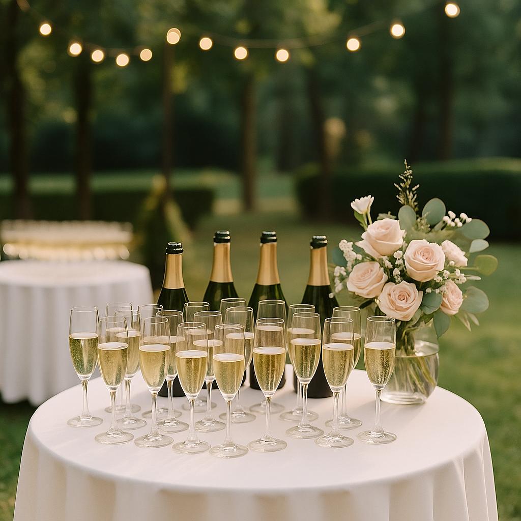 A couple stands outdoors at sunset.