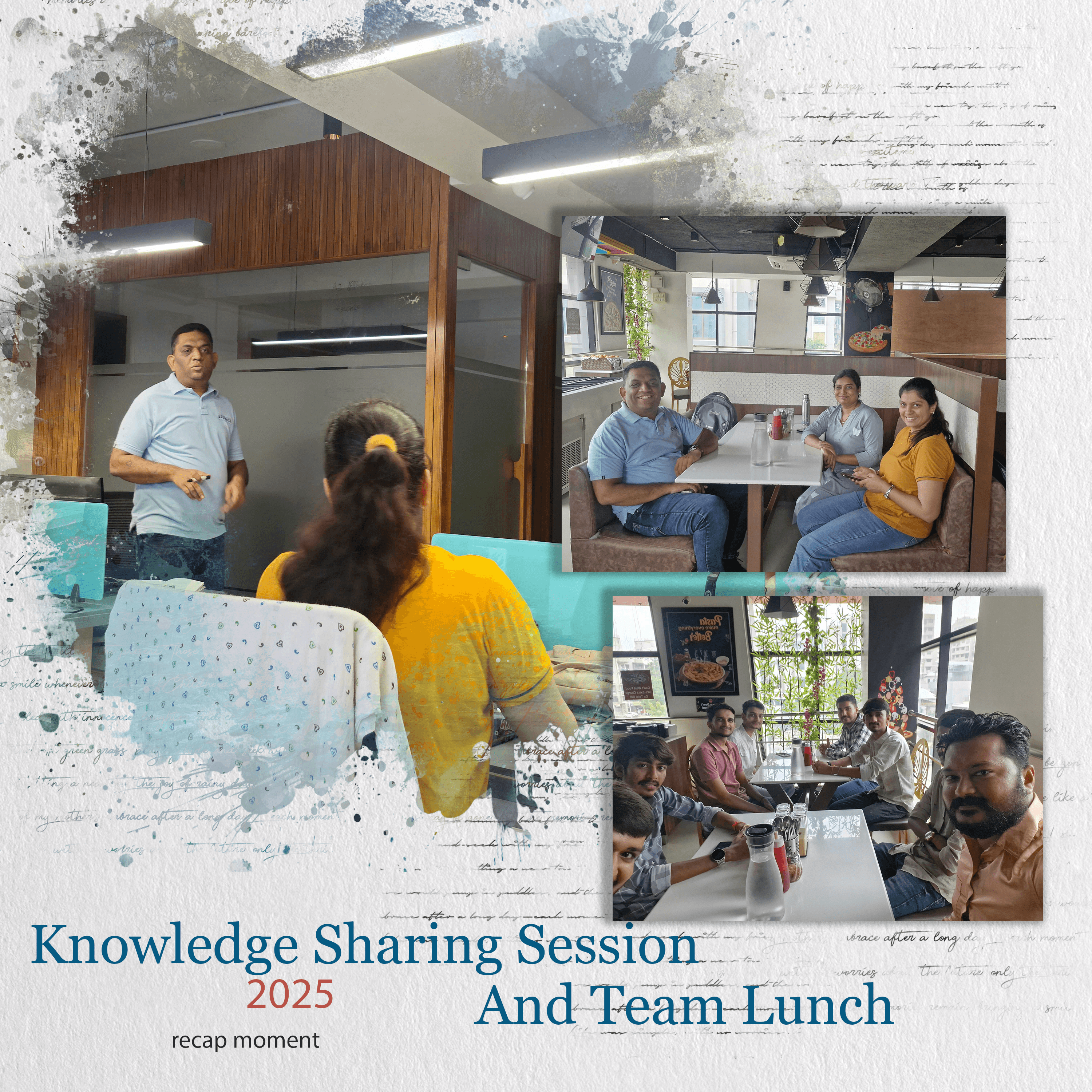 Collage of a team knowledge-sharing session and lunch at Essence Solusoft in 2025.