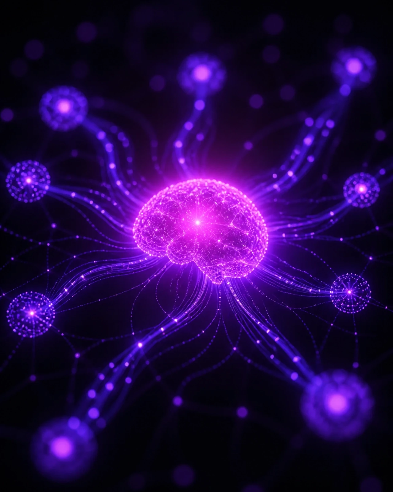 An abstract digital representation of search engine nodes and data streams in magenta and violet, symbolizing AI SEO and cognitive prominence in search.