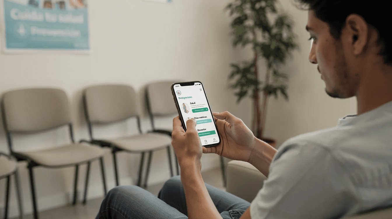 Una persona está navegando un sitio web de salud en su teléfono móvil mientras espera en una sala de espera. La imagen refleja la importancia de la información accesible en línea para los usuarios que buscan soluciones de salud.