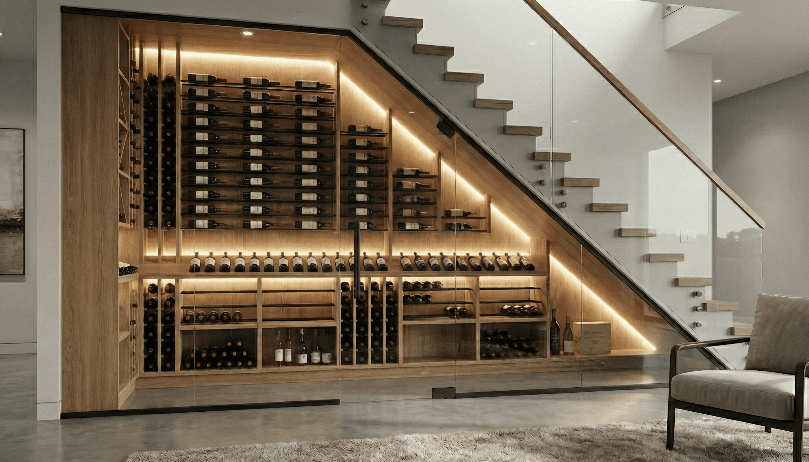 hotel bar with glass wine wall and metal wine racks in front of white stone