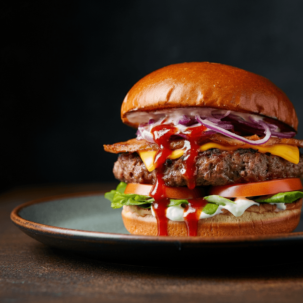 A juicy hamburger on a plate with sauce dripping down the sides.