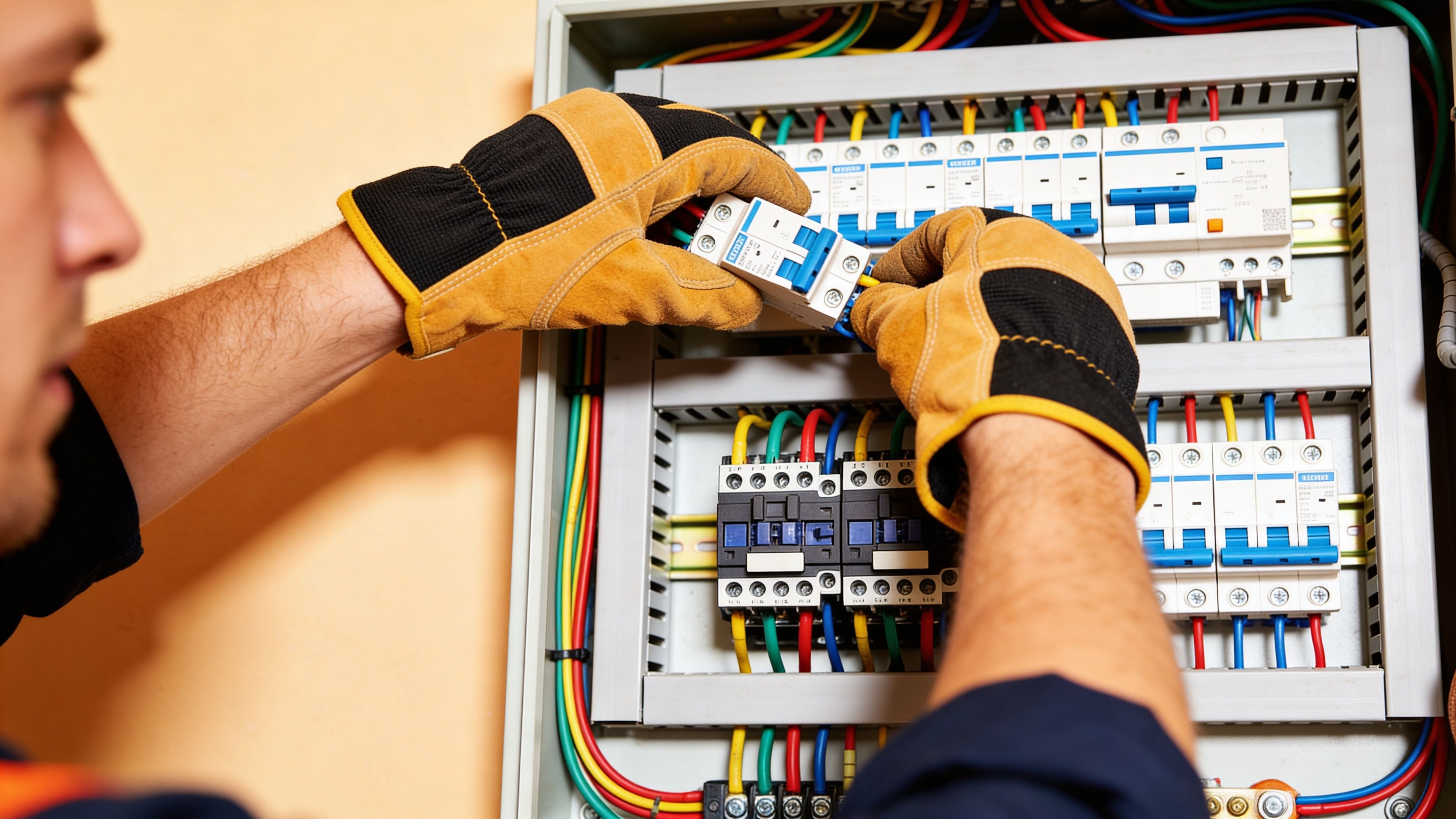 Gloved electrician replacing circuit breaker during electrical panel upgrade service
