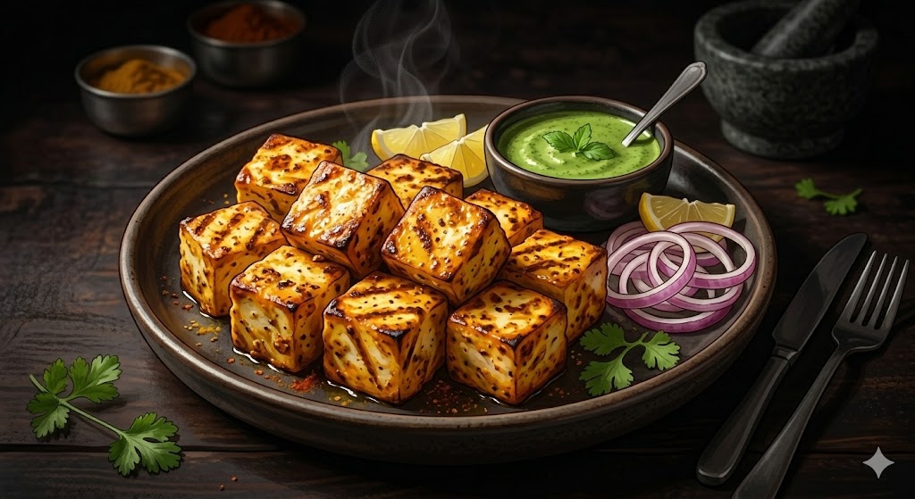 A delicious serving of grilled tandoori paneer tikka cubes with distinct char marks, served on a dark rustic plate with green mint chutney, fresh onion rings, and lemon wedges.