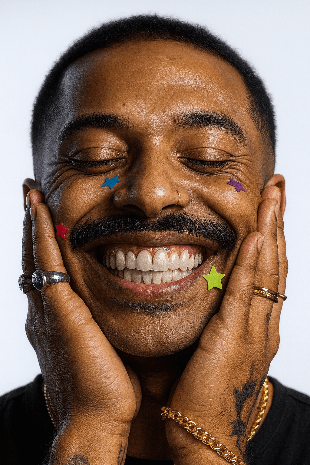 Smiling person with closed eyes and colorful star stickers on their face, expressing relief and happiness — symbolizing the joy of finding a safe, scam-free apartment.