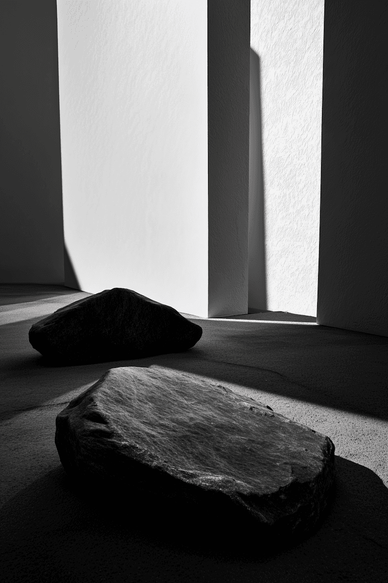 Two smooth stones are positioned in shadow, with a soft light illuminating a vertical surface behind them.