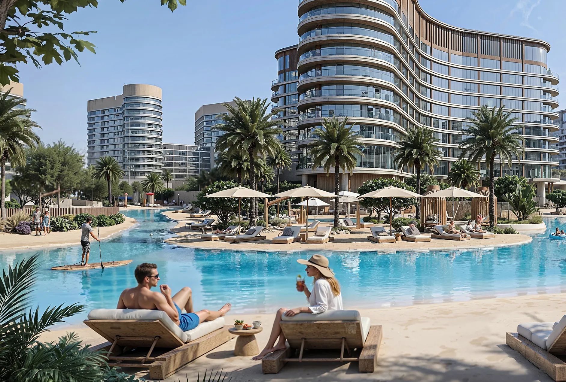 A modern house with large windows and a flat roof, surrounded by greenery against a clear blue sky.