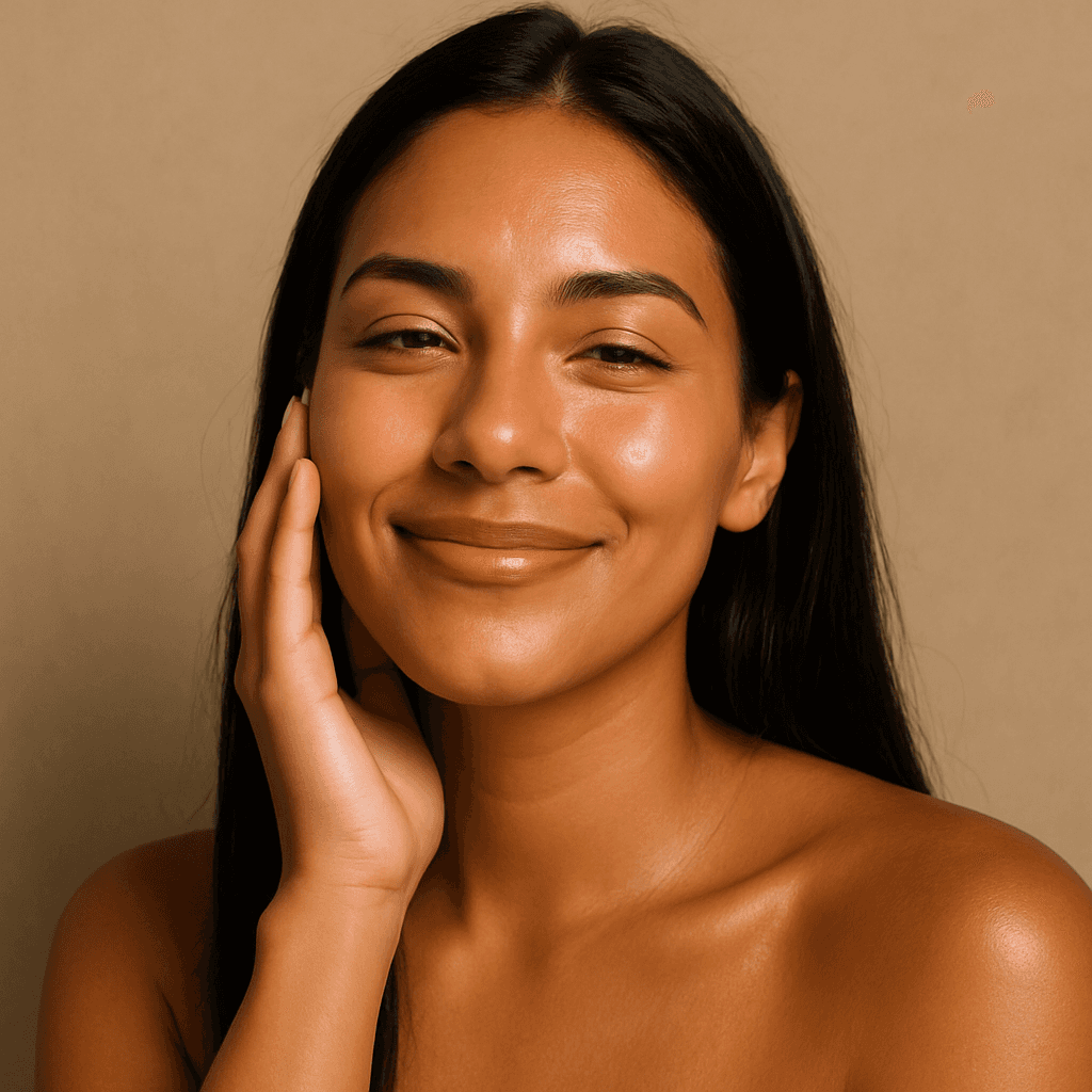 Portrait of a woman with short brown hair, eyes closed, gently holding her face
