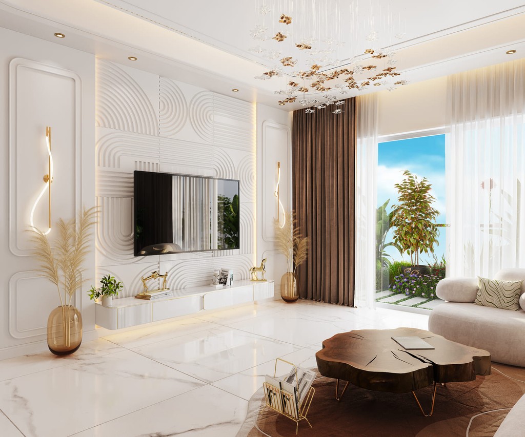  A stylish living room at Vincitore Wellness Estate featuring white furniture and elegant gold accents.