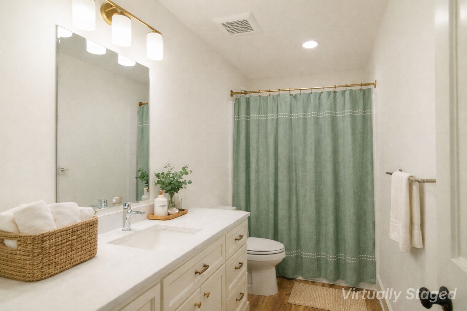 Virtually staged upstairs bathroom.