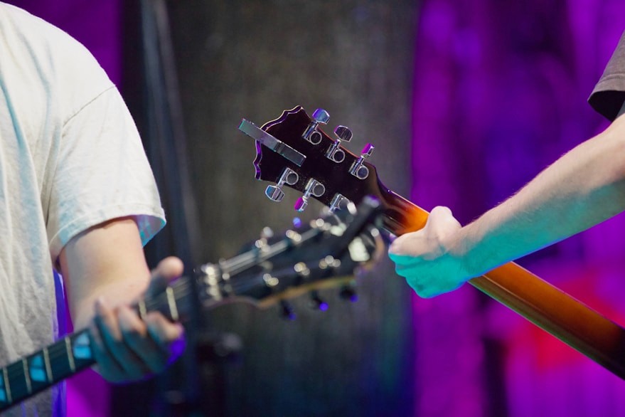 Close up of electric guitar during live performance