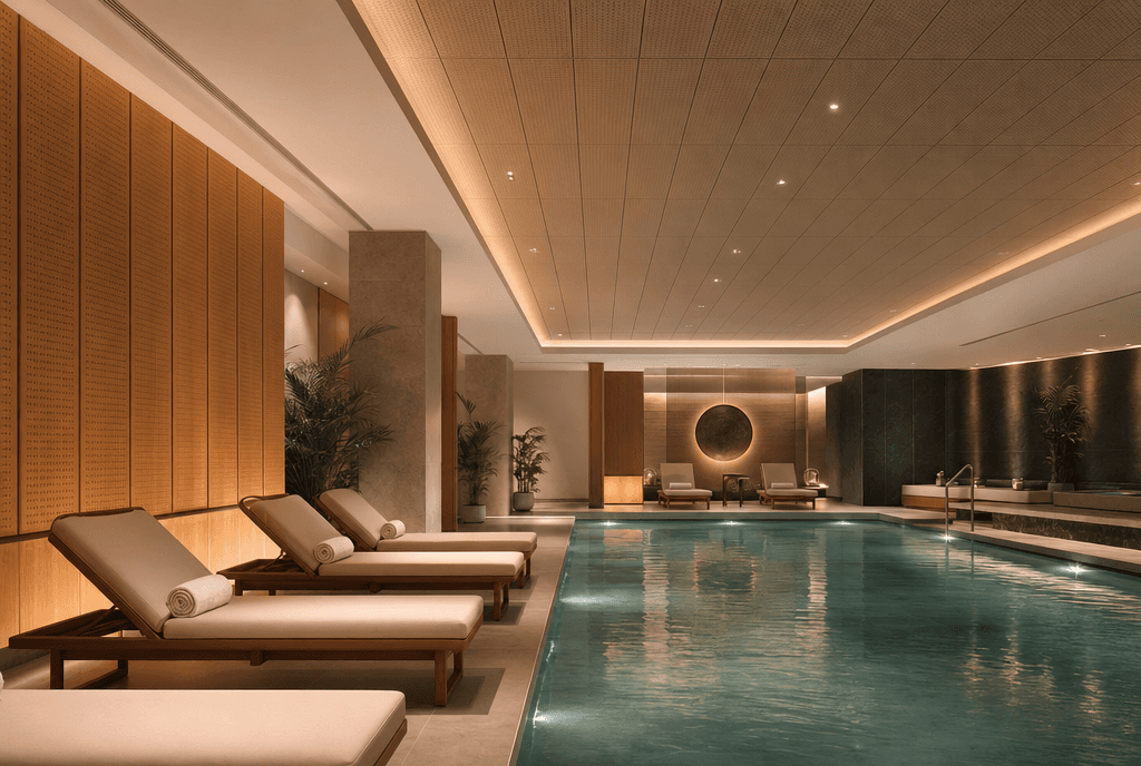Hotelowa strefa spa z ustrojami akustycznymi na suficie