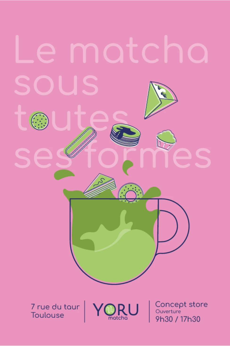 Affiche promotionnelle  vectoriel bleu rose et vert avec une tasse en plein millieu entourés de stickers 