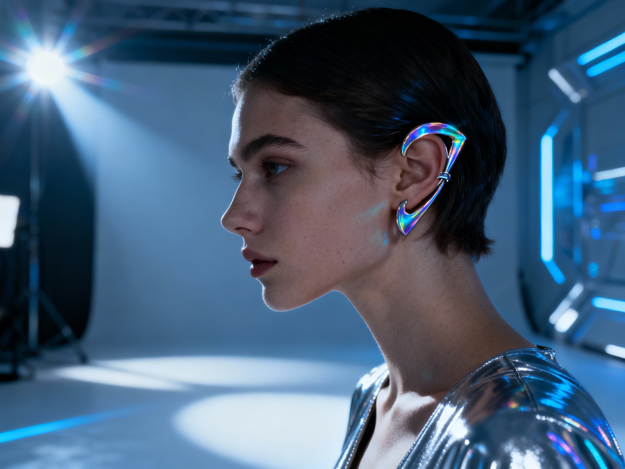 An expansive frame showcasing a futuristic studio setting with a model wearing avant-garde ear cuffs