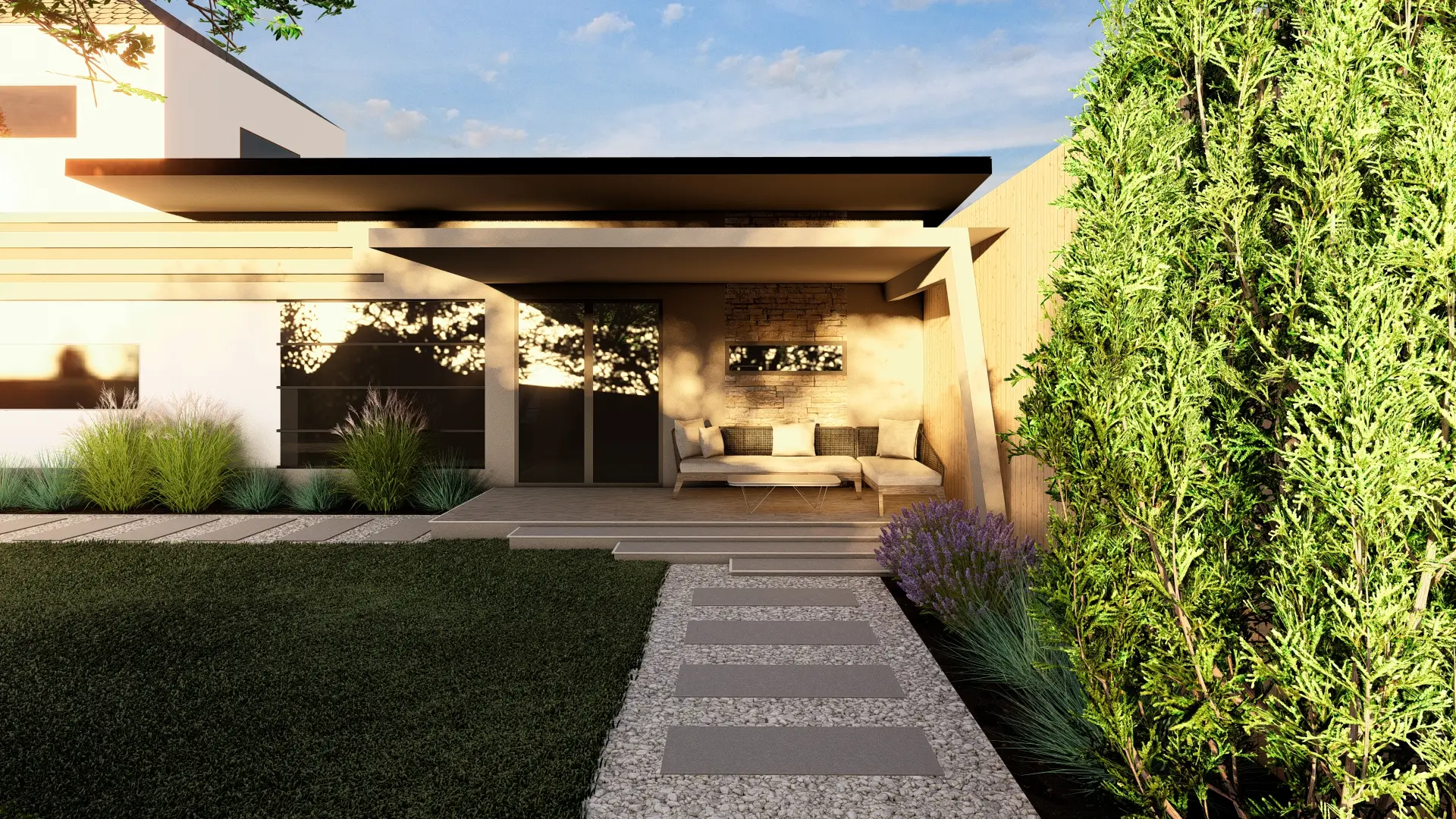 A modern house with a garden captured at twilight, featuring a wooden and white plaster exterior with large windows, a front patio seating and stepping stone path.