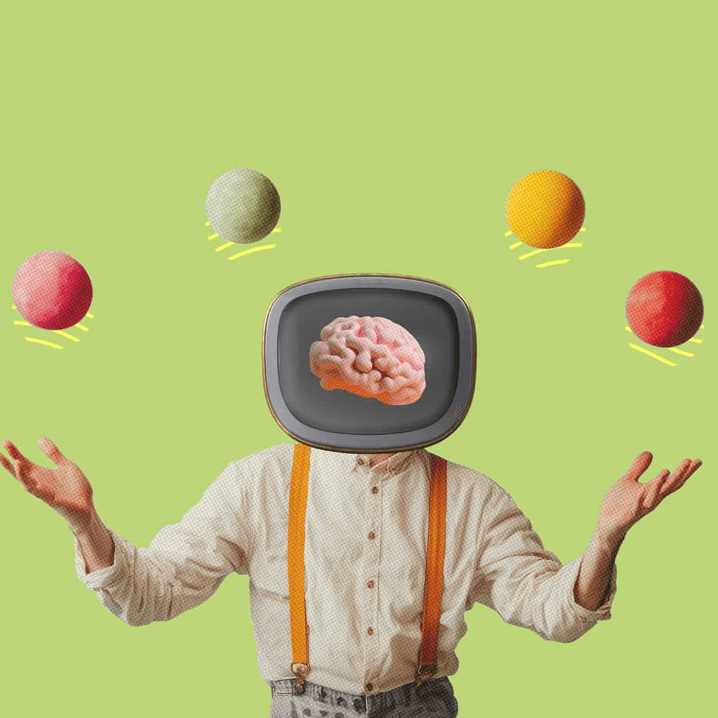 Persona con cabeza de televisión y cerebro, fondo verde, cinco bolas coloridas flotando.