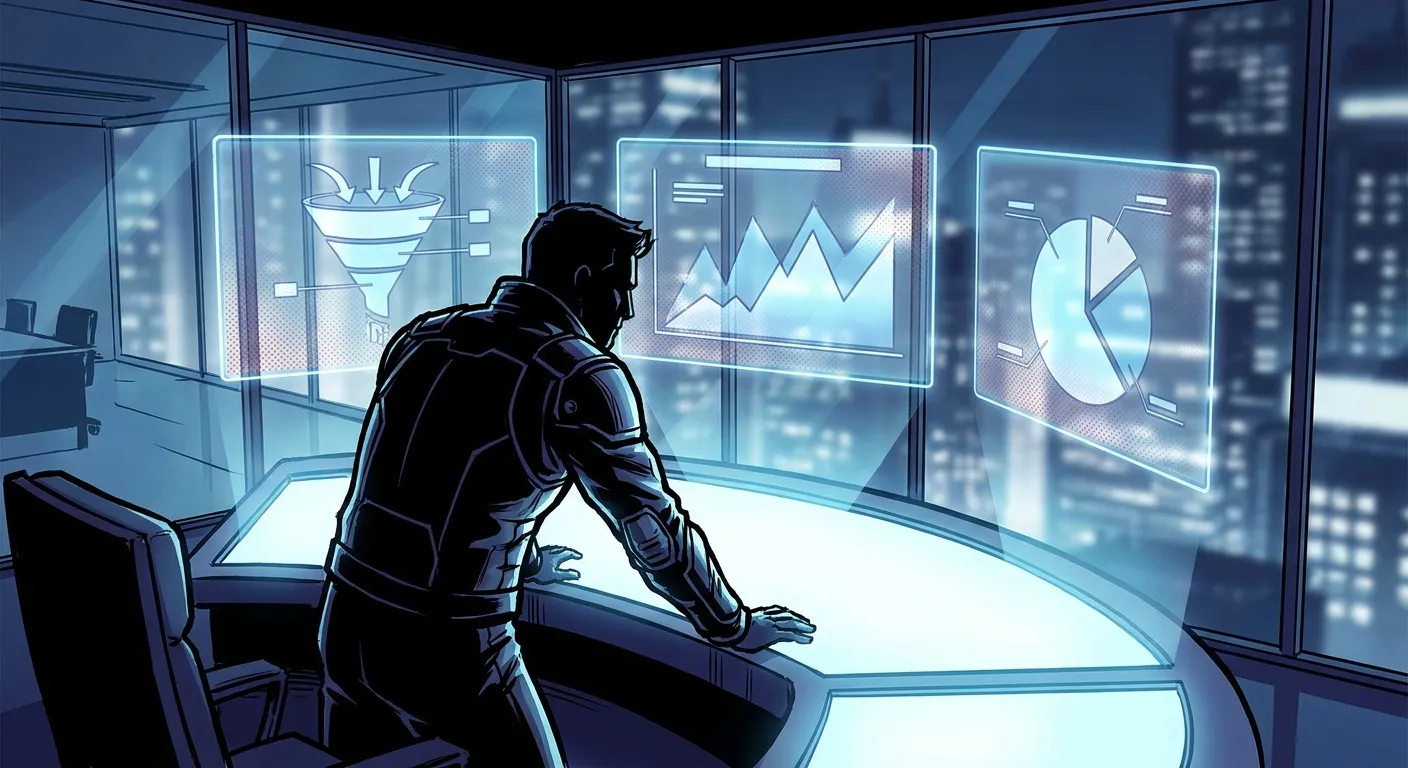 Man at futuristic desk analyzing graphs; RockN' Socials Digital Marketing Agency.