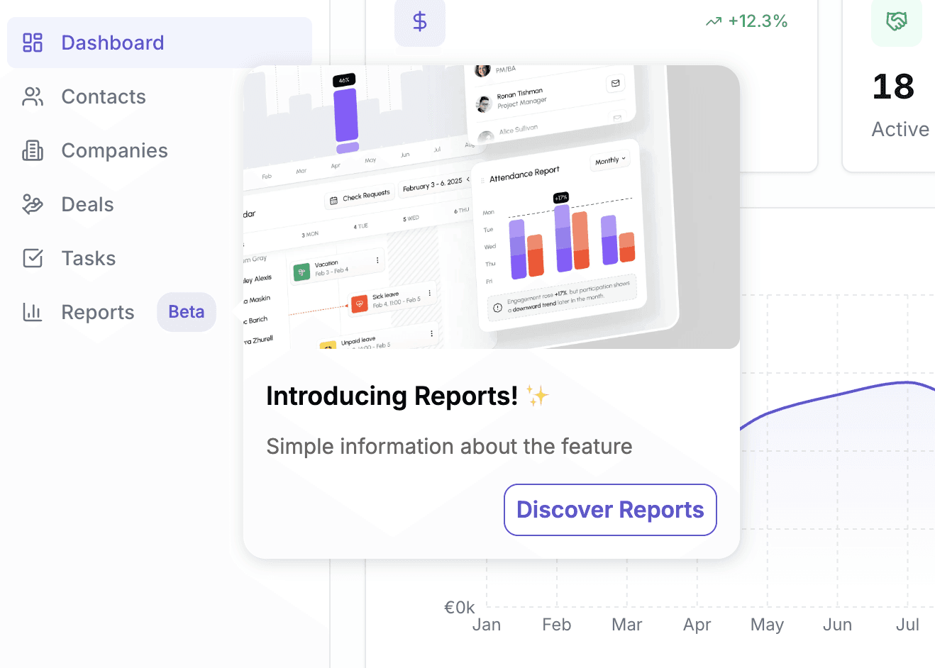 A "Beta" badge made with Jimo on the menu item acts as a persistent hotspot. Hovering it triggers a tooltip with a visual preview and a clear CTA to discover the feature.