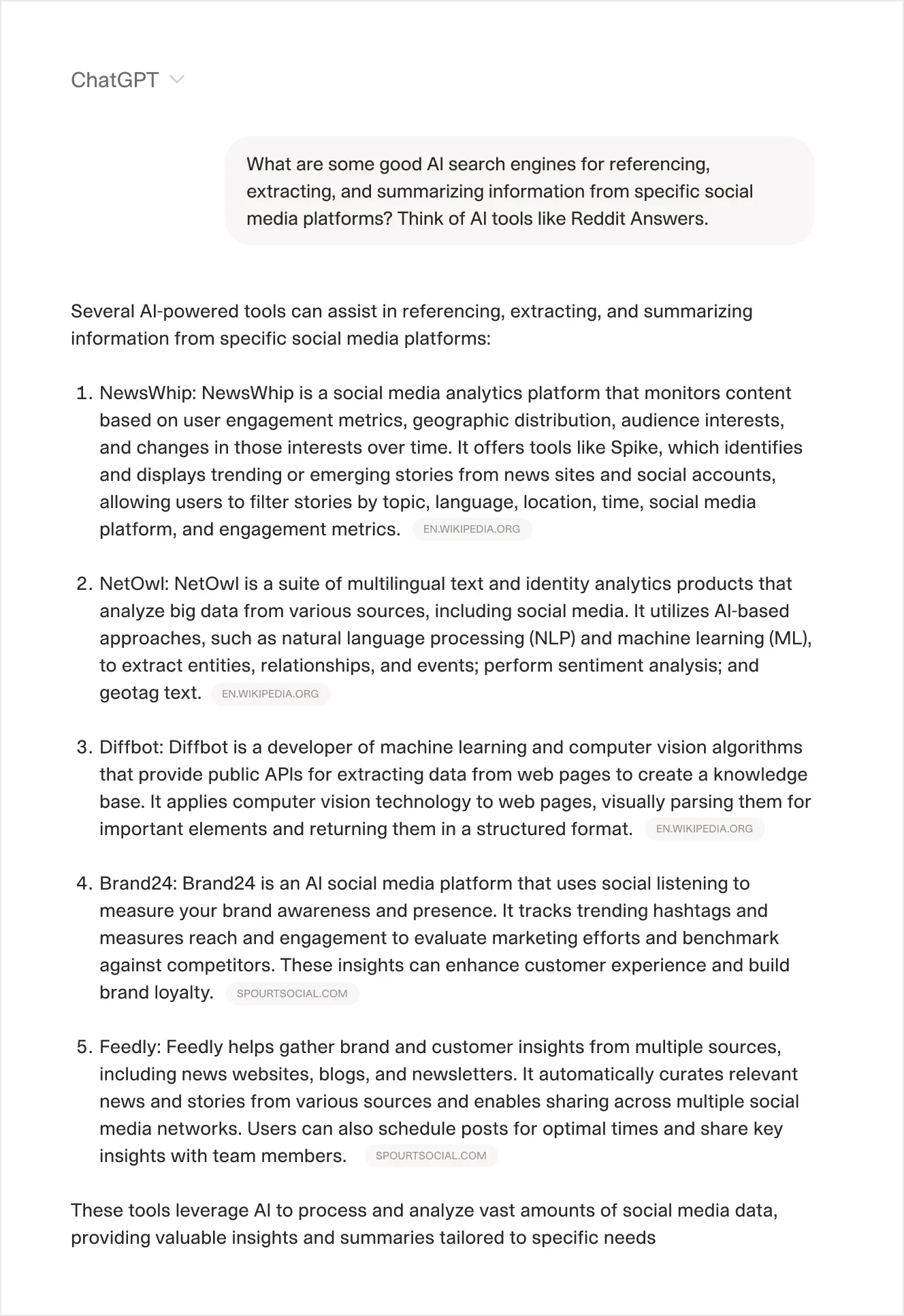 A screenshot of a ChatGPT response listing AI search engines for referencing, extracting, and summarizing social media data.