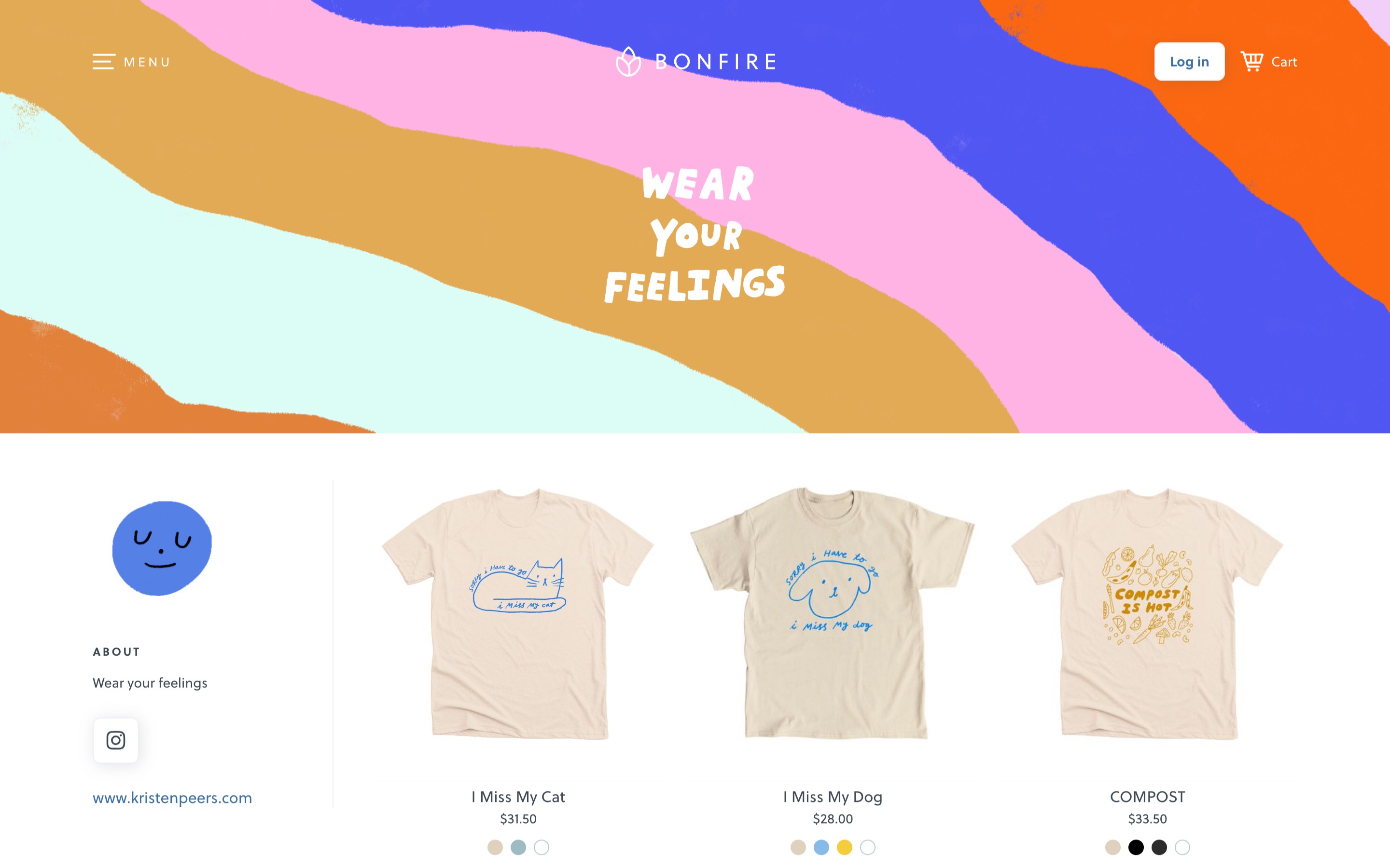 Bonfire t-shirt collection with colorful design and text "Wear Your Feelings".