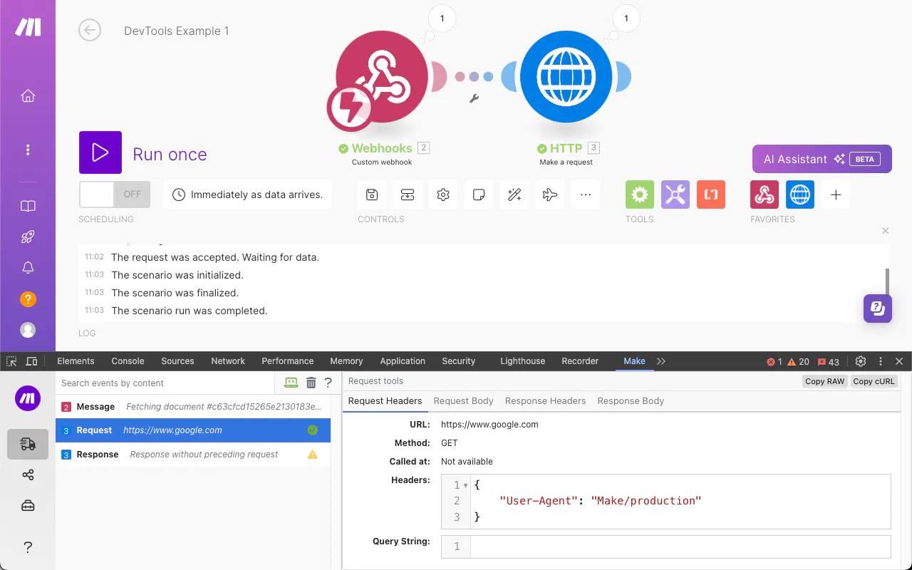 Make.com DevTool interface showing a scenario with Webhooks and HTTP modules. The bottom half displays the Chrome DevTools panel with Make-specific tabs, including a request to Google.com and its headers. This image illustrates the debugging capabilities of Make.com's Chrome extension for inspecting API interactions and scenario execution details.